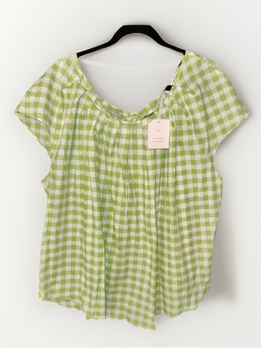 LC Lauren Conrad Green Gingham Short-Sleeve Peasant Top